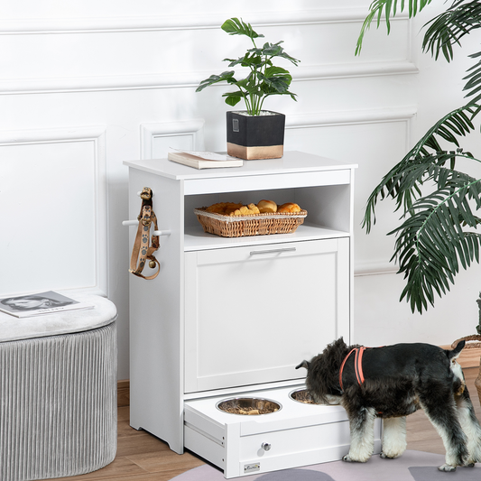 Pet Feeding Station with Storage Cabinet - White