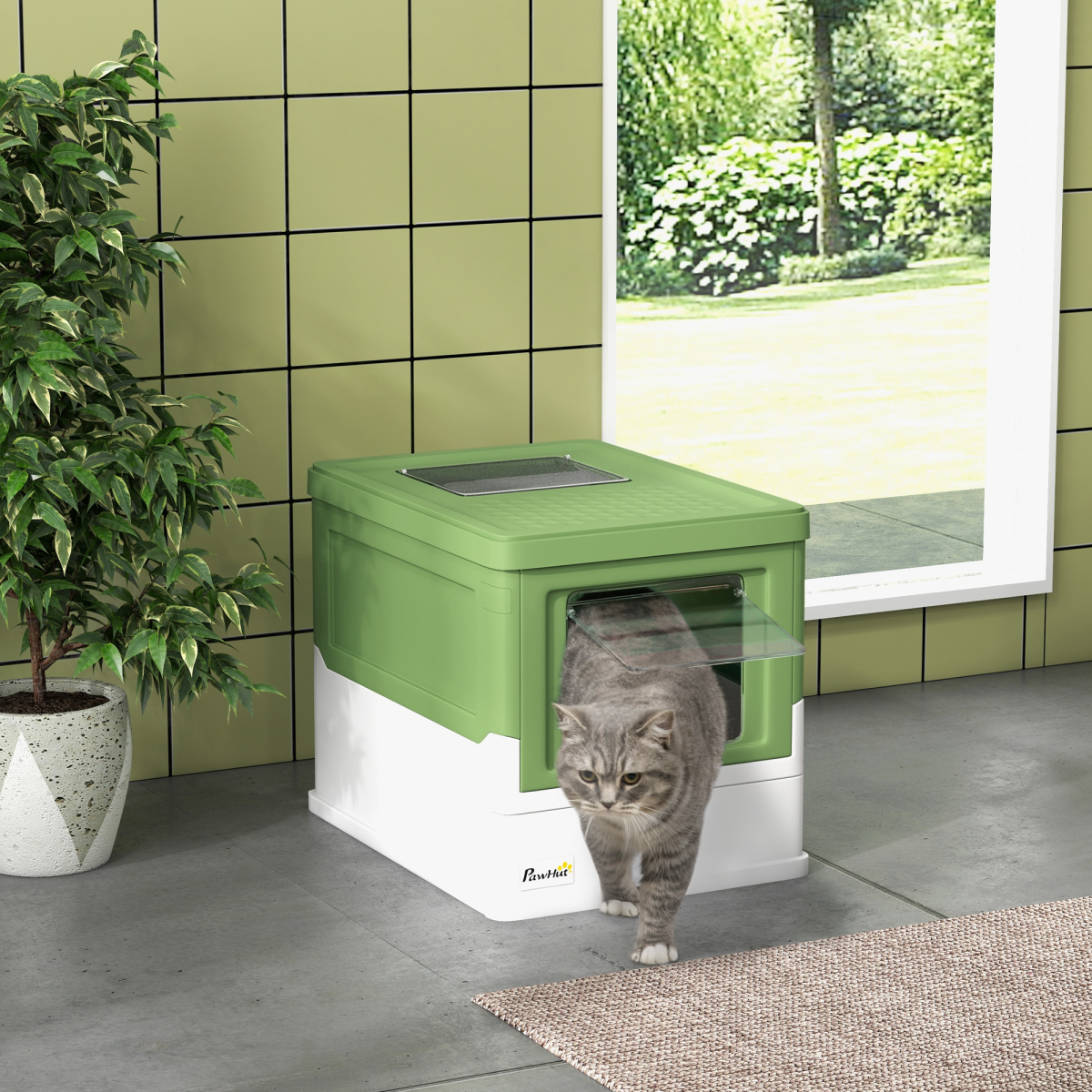 Hooded Cat Litter Box - Light Green
