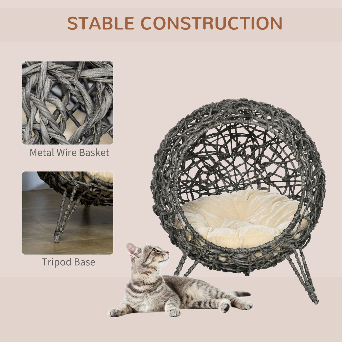 Rattan Elevated Cat Bed - Grey