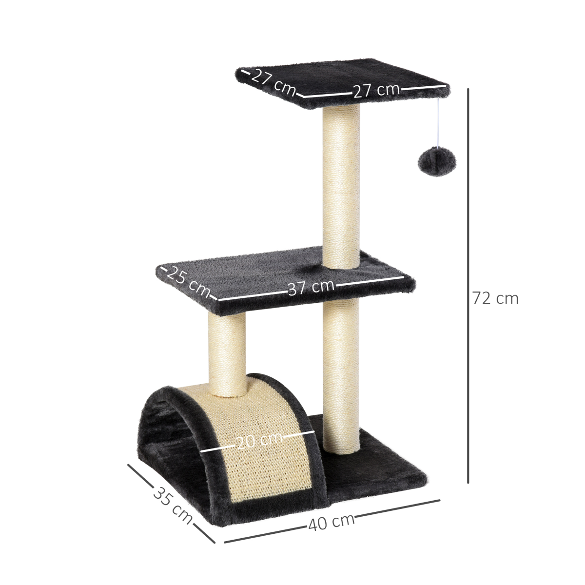 Three-Tier Cat Tree with Arc Scratching Pad - Grey