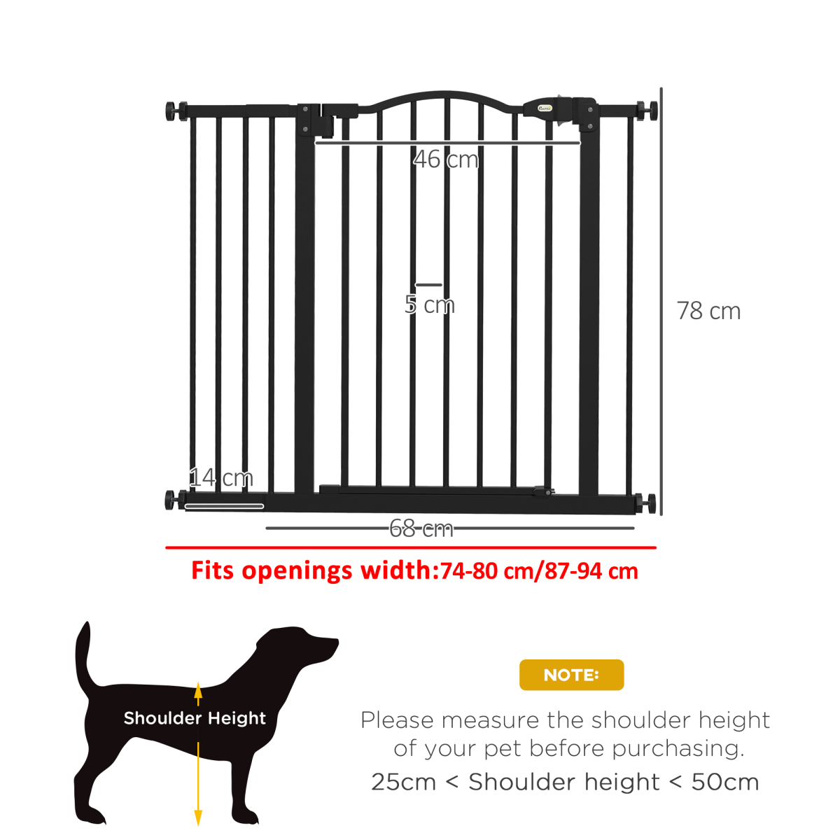 Adjustable Metal Pet Gate, 74-94cm - Black