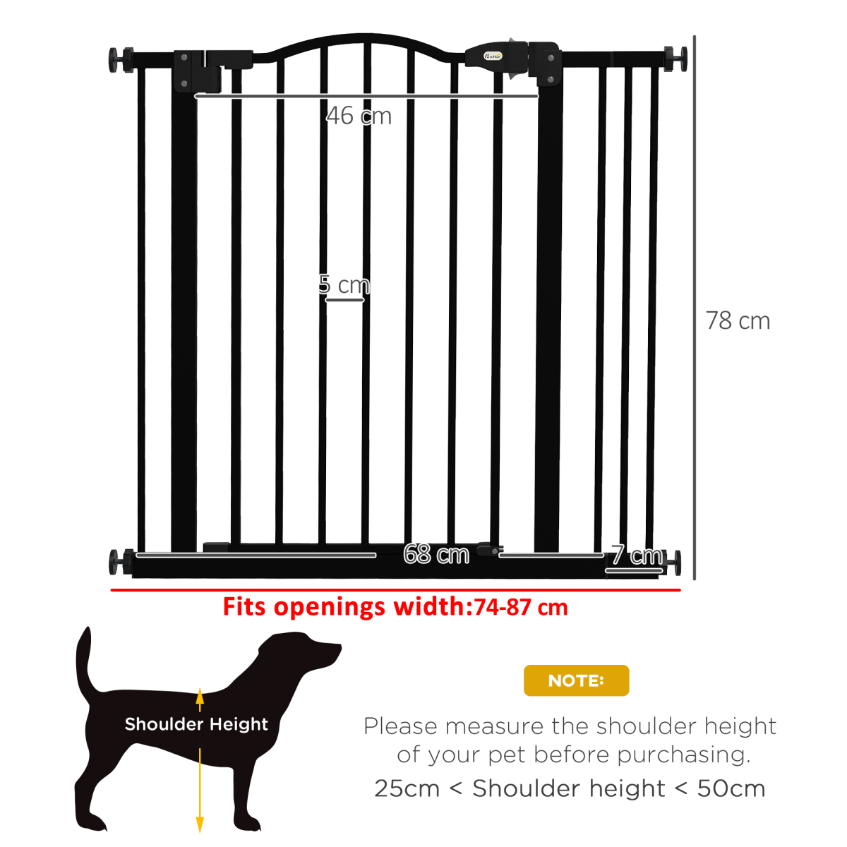 Adjustable Metal Pet Gate, 74-87cm - Black