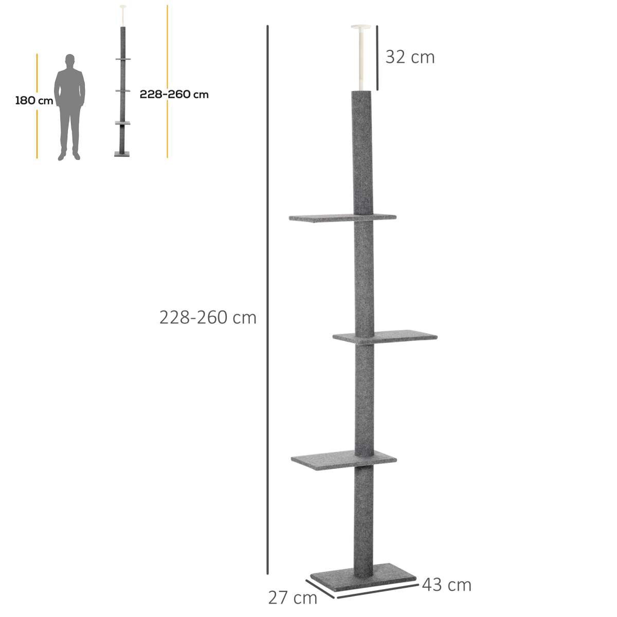 Floor-to-Ceiling Adjustable Cat Tree - Grey