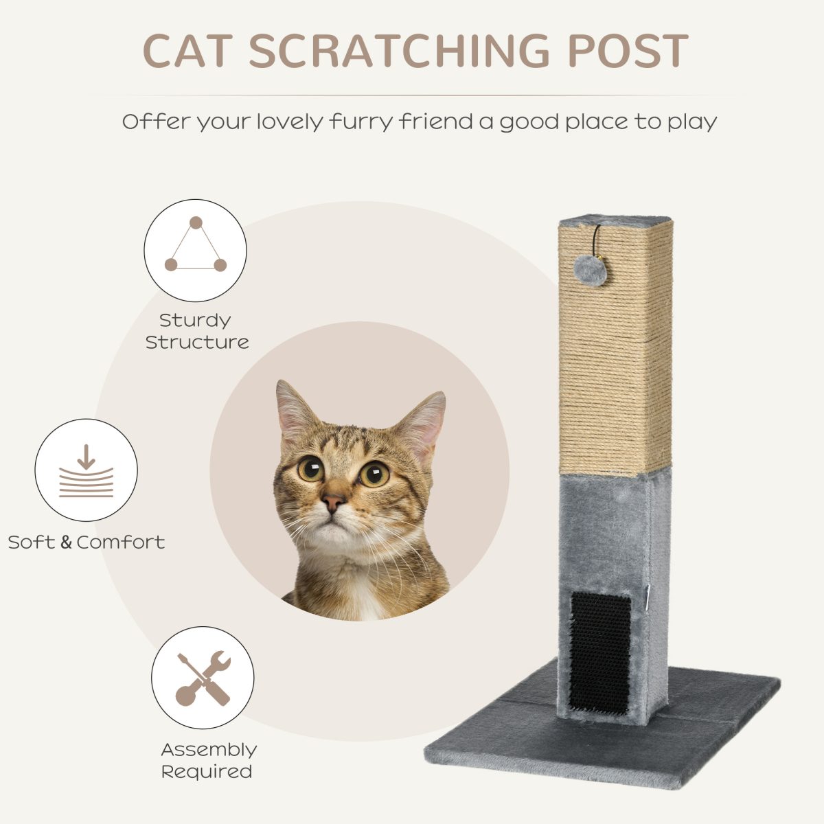 79cm Cat Scratching Post with Hanging Toy - Grey