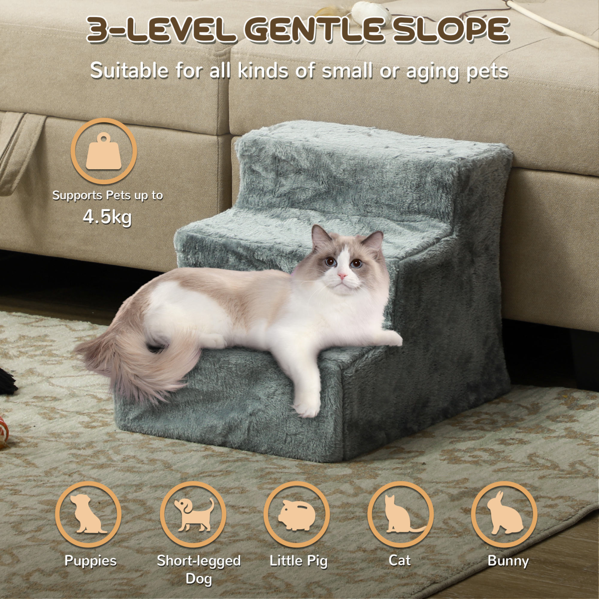 3-Step Portable Dog Stairs - Small Pets