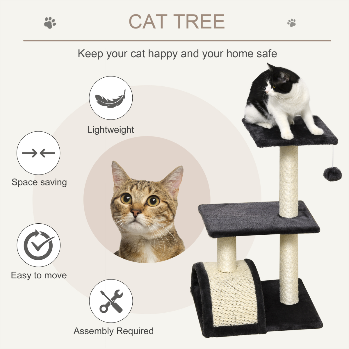 Three-Tier Cat Tree with Arc Scratching Pad - Grey