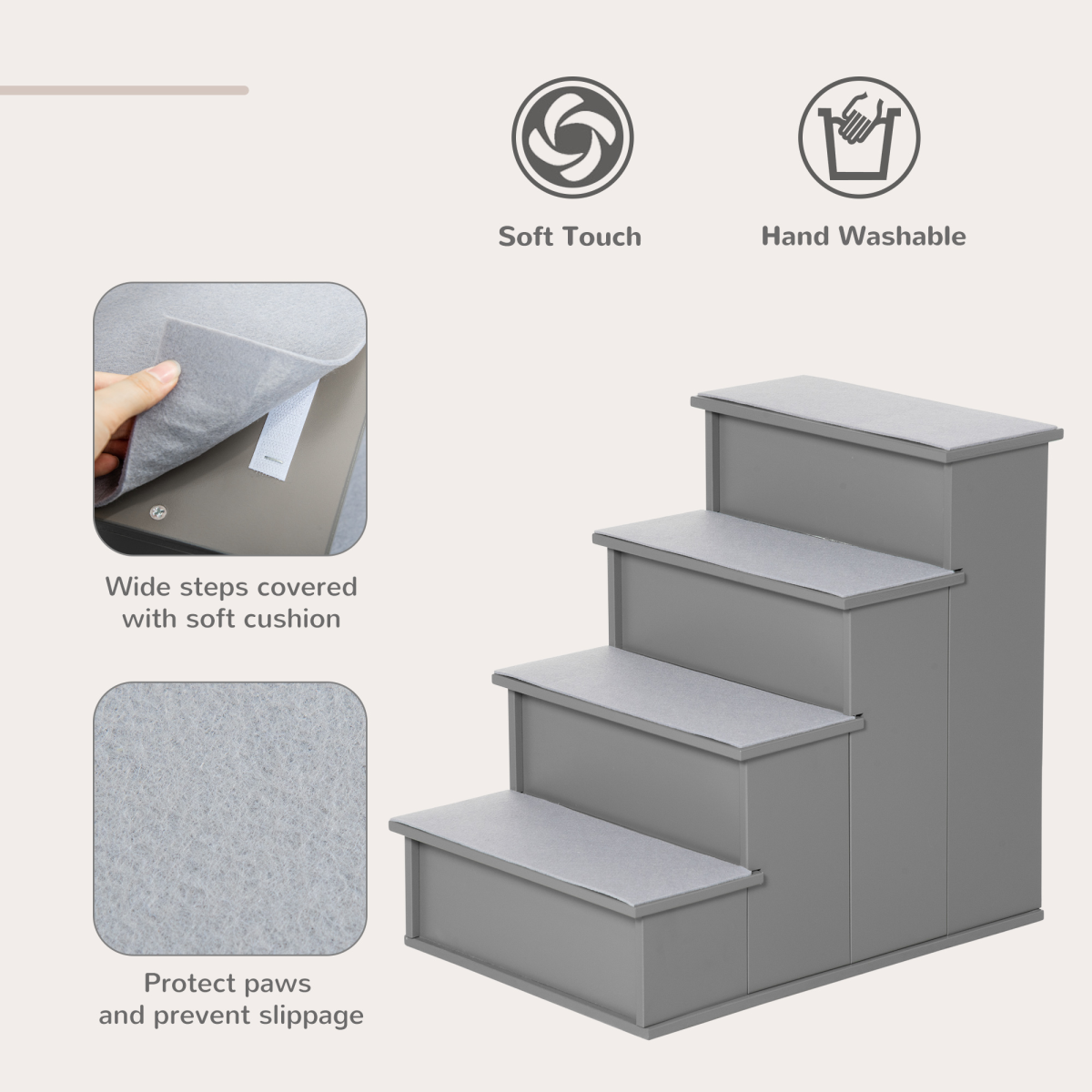 4-Step Wooden Pet Stairs - Grey