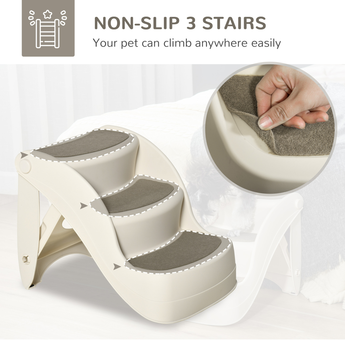 3-Step Non-Slip Pet Stairs - Cream