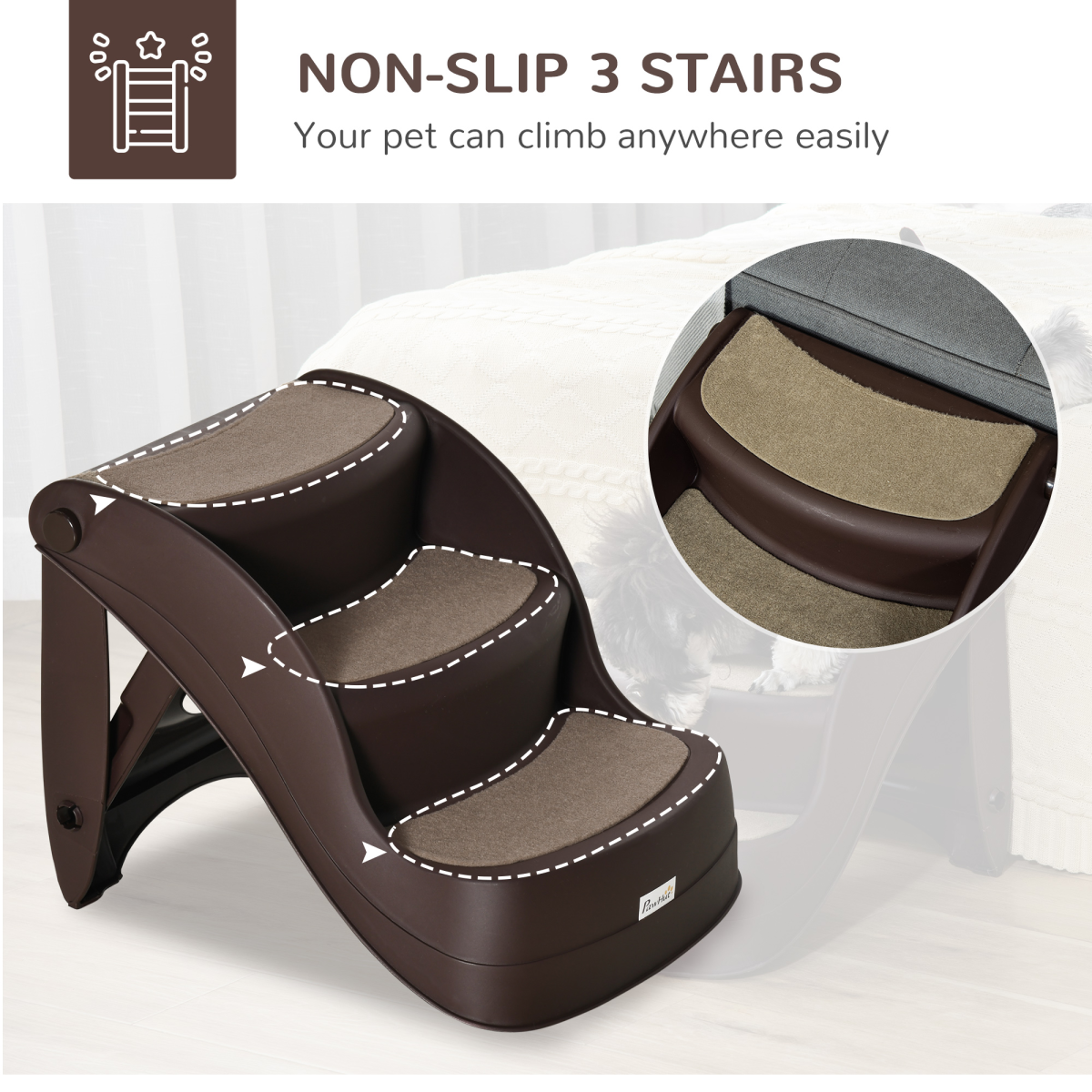 3-Step Non-Slip Pet Stairs - Brown