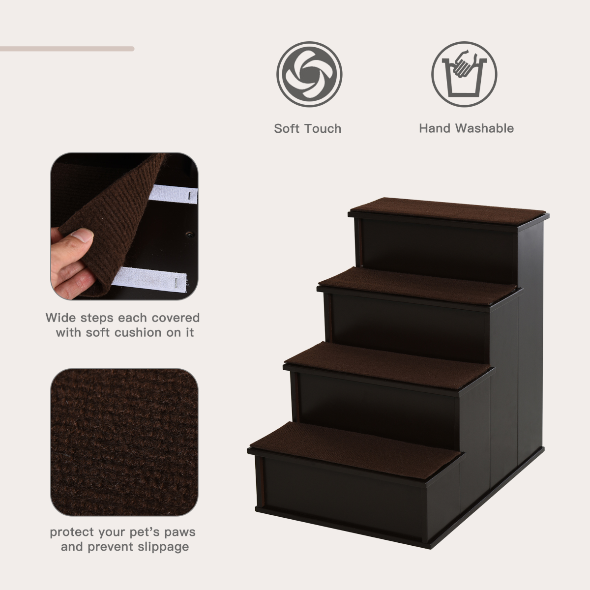 4-Step Wooden Pet Stairs with Plush Cushion