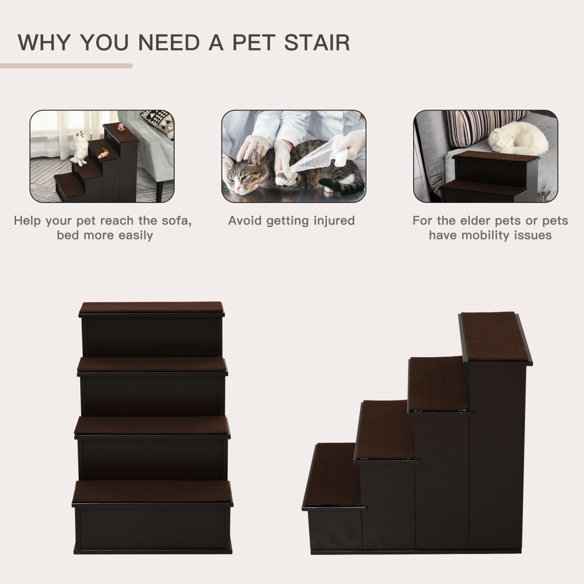4-Step Wooden Pet Stairs with Plush Cushion