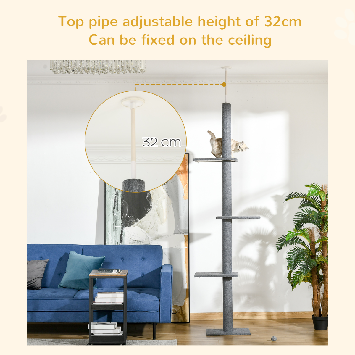 Floor-to-Ceiling Adjustable Cat Tree - Grey
