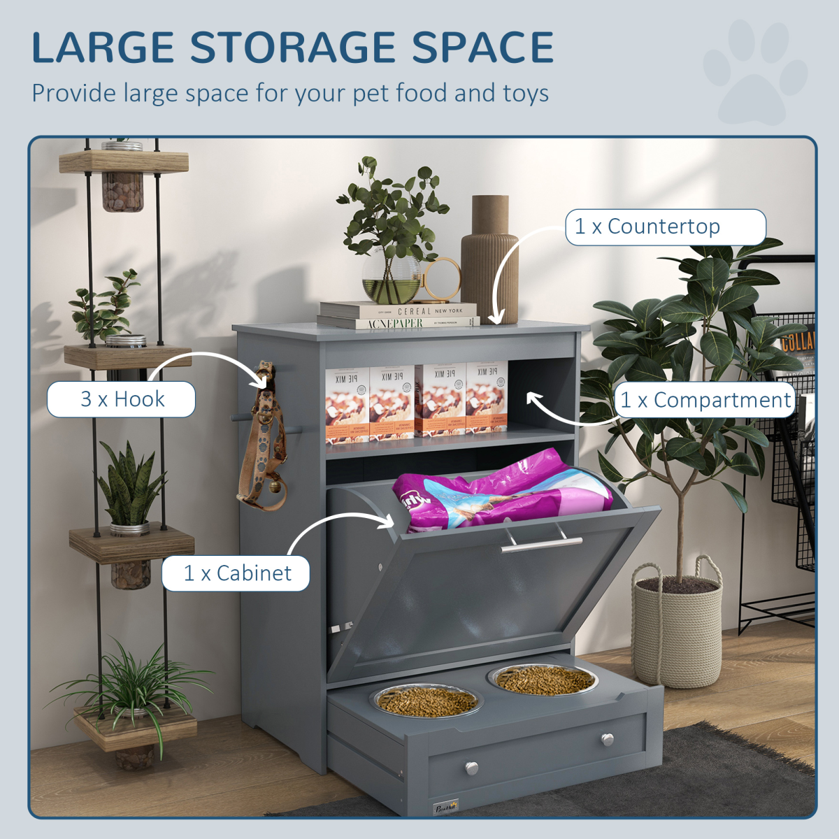 Pet Feeding Station with Storage Cabinet - Grey