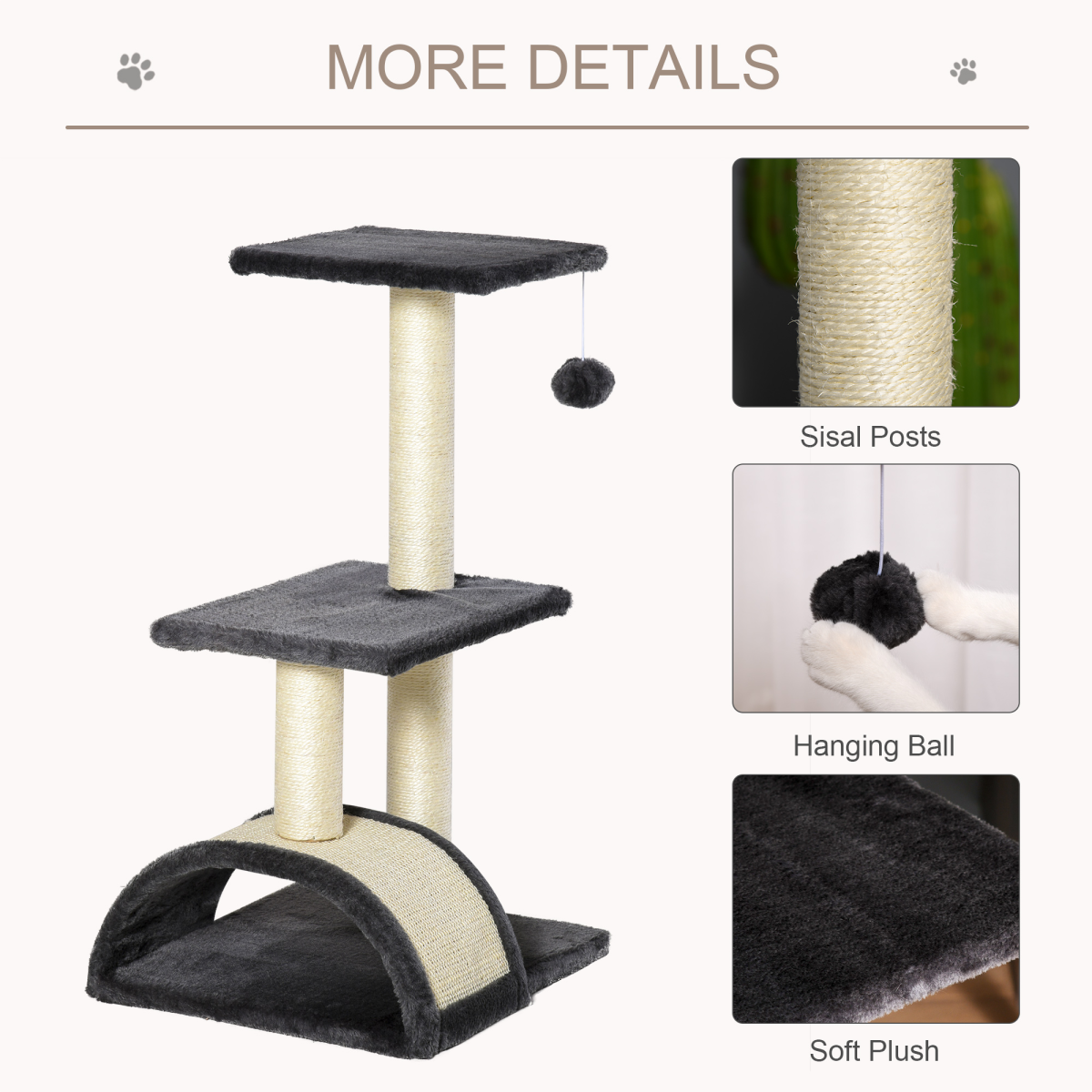 Three-Tier Cat Tree with Arc Scratching Pad - Grey
