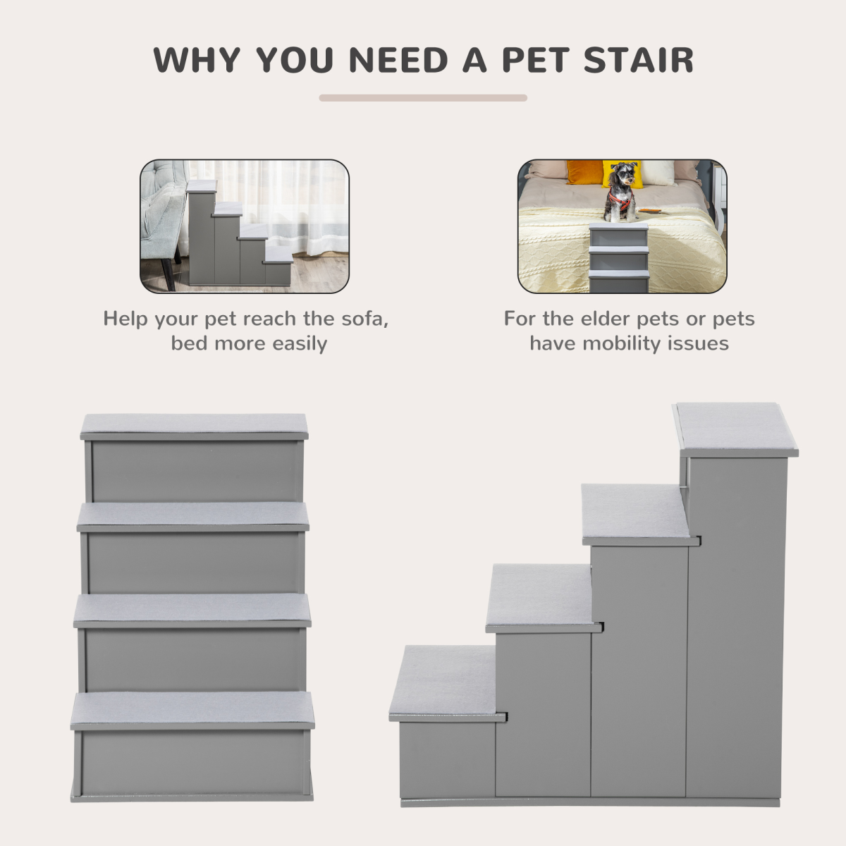 4-Step Wooden Pet Stairs - Grey
