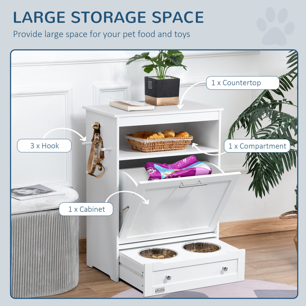 Pet Feeding Station with Storage Cabinet - White