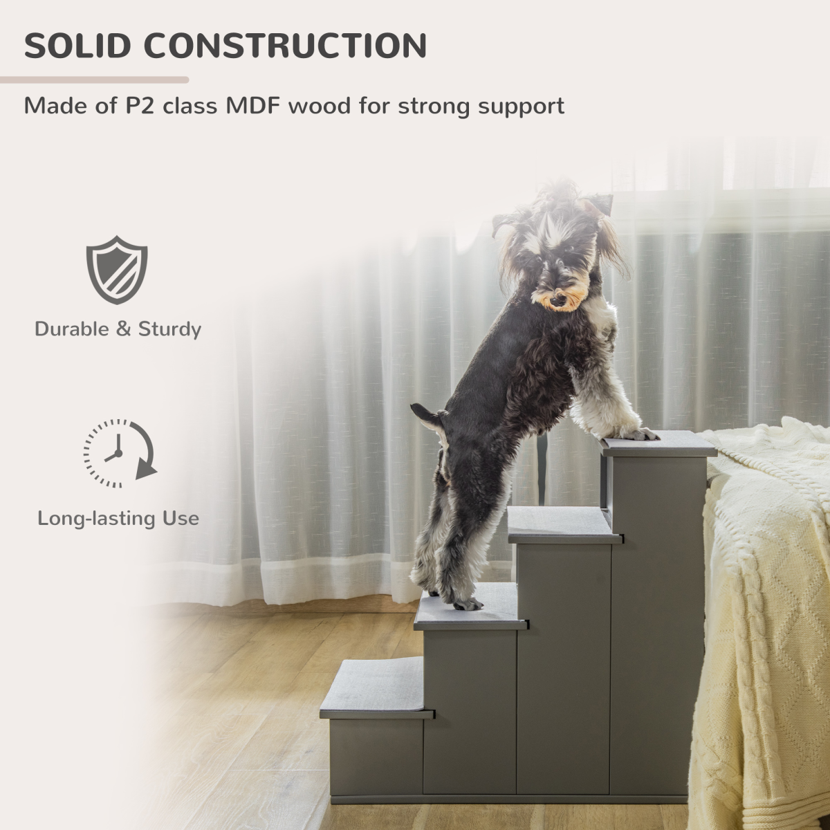4-Step Wooden Pet Stairs - Grey
