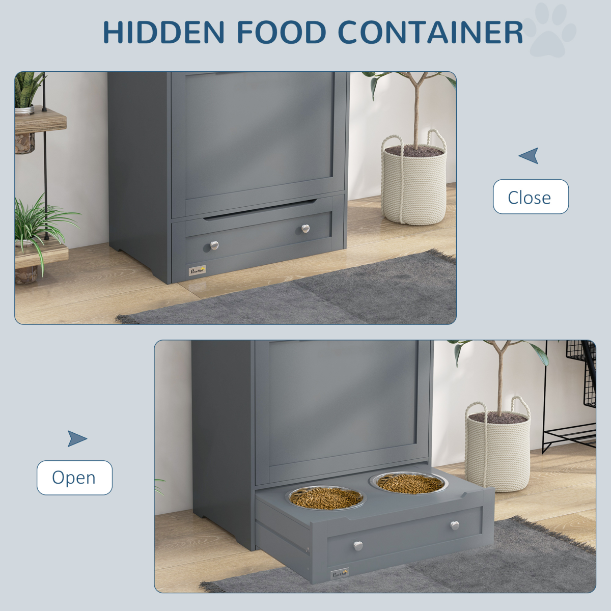 Pet Feeding Station with Storage Cabinet - Grey