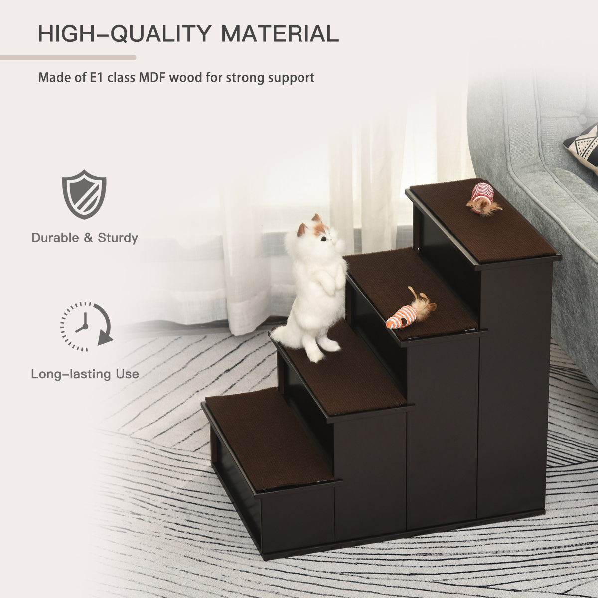 4-Step Wooden Pet Stairs with Plush Cushion