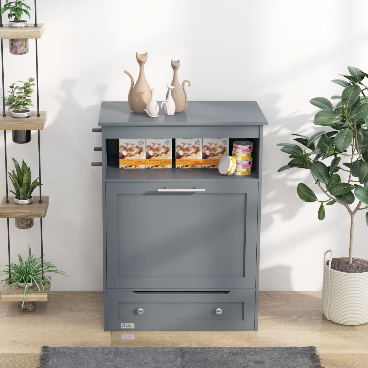 Pet Feeding Station with Storage Cabinet - Grey