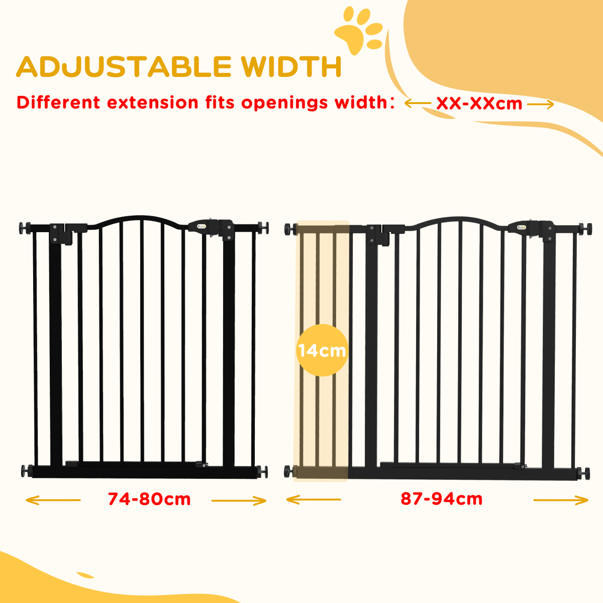 Adjustable Metal Pet Gate, 74-94cm - Black