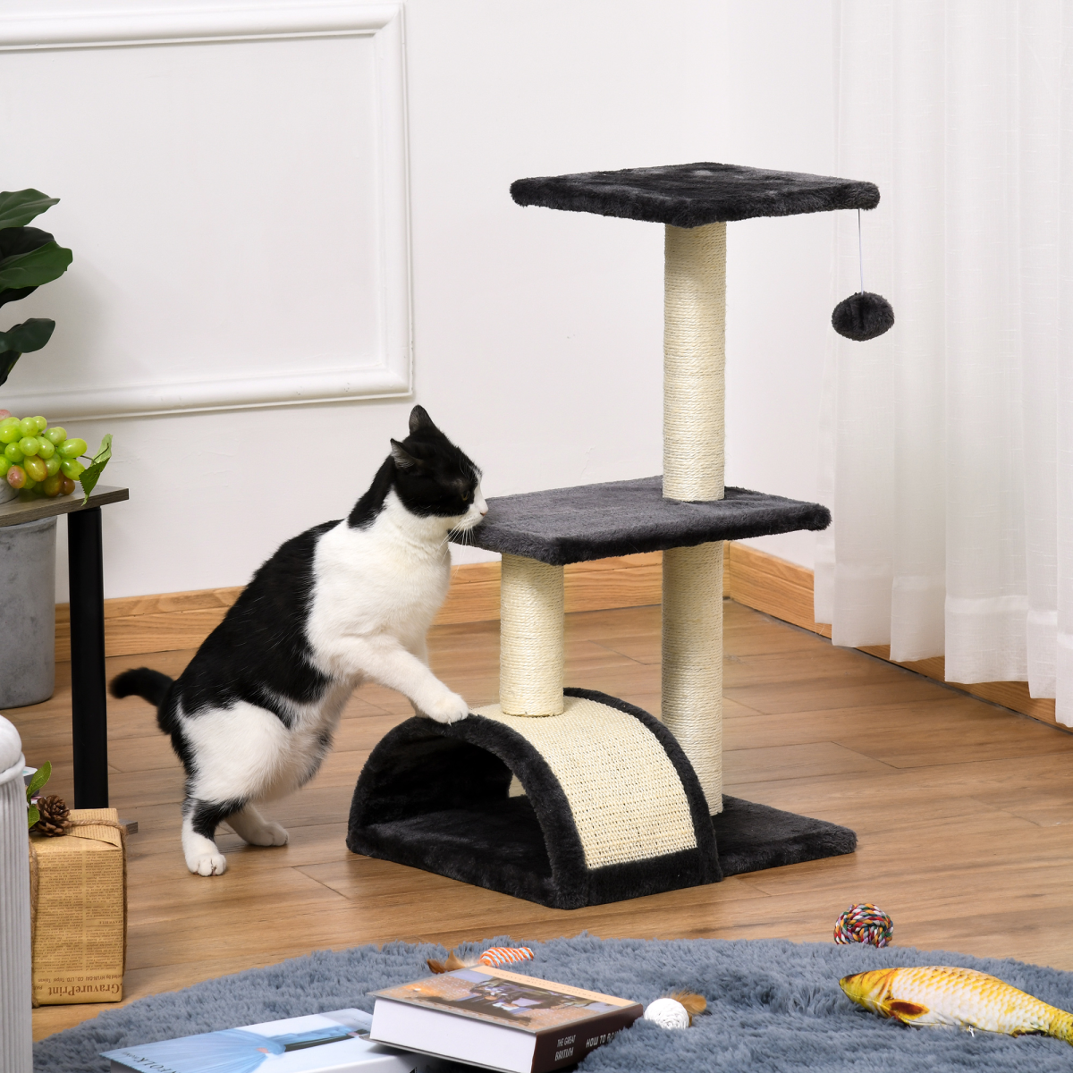 Three-Tier Cat Tree with Arc Scratching Pad - Grey