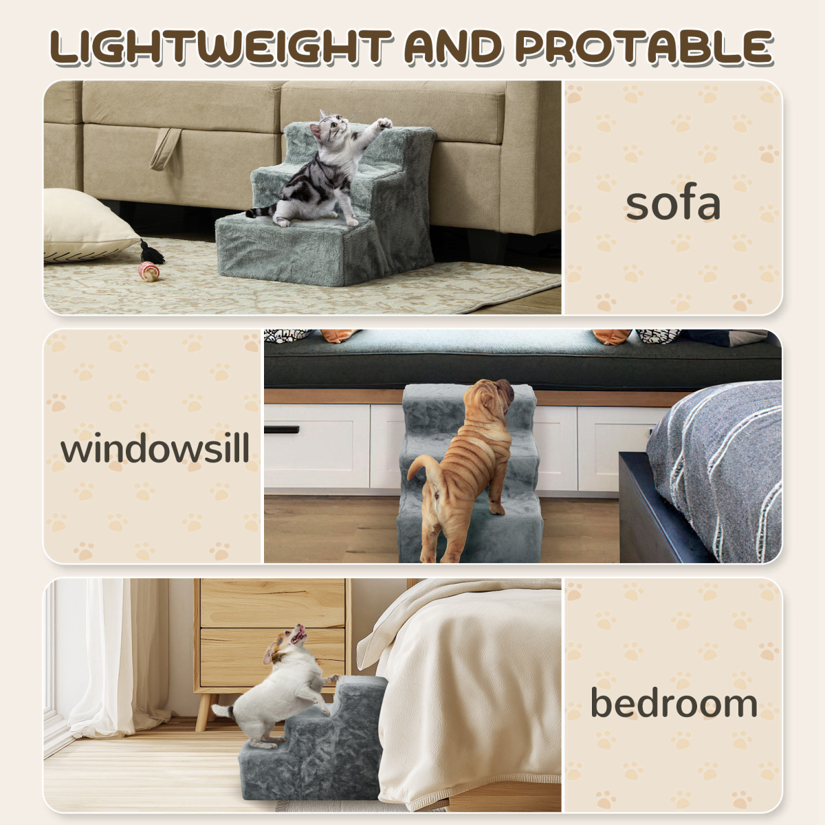 3-Step Portable Dog Stairs - Small Pets