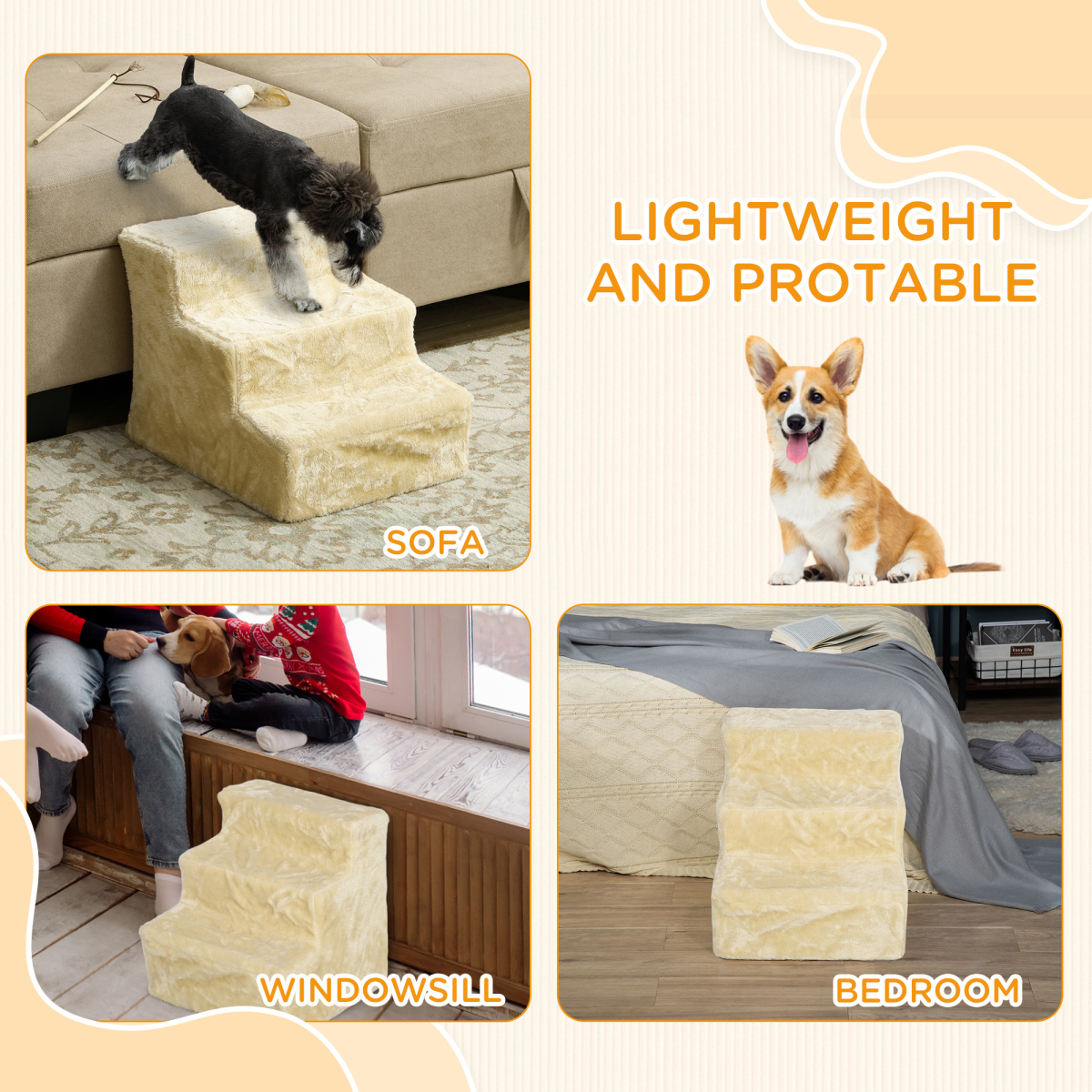 3-Step Portable Dog Stairs, Washable Cover