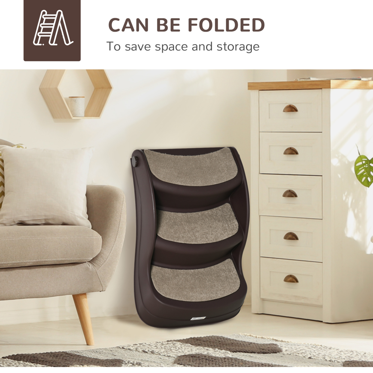3-Step Non-Slip Pet Stairs - Brown