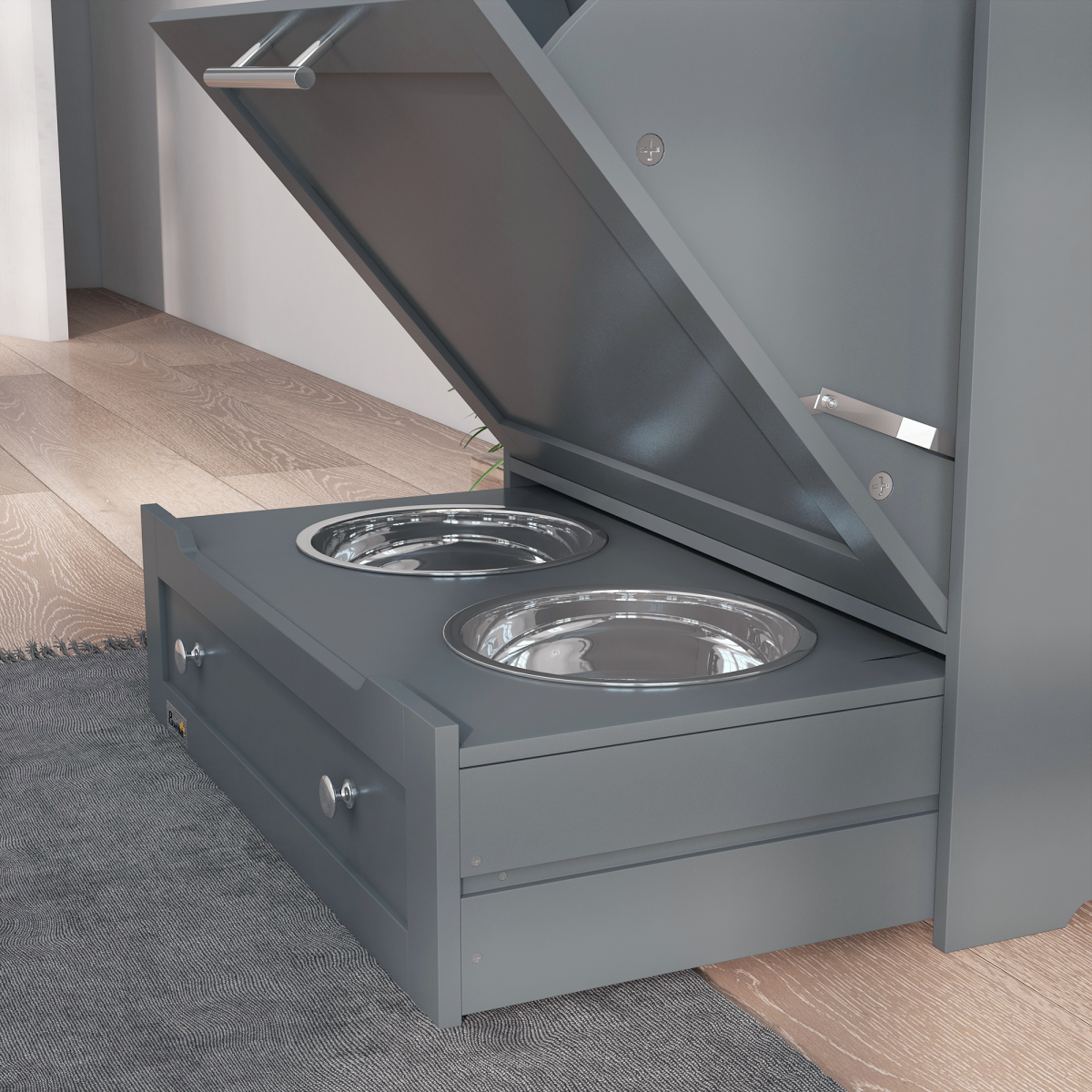 Pet Feeding Station with Storage Cabinet - Grey