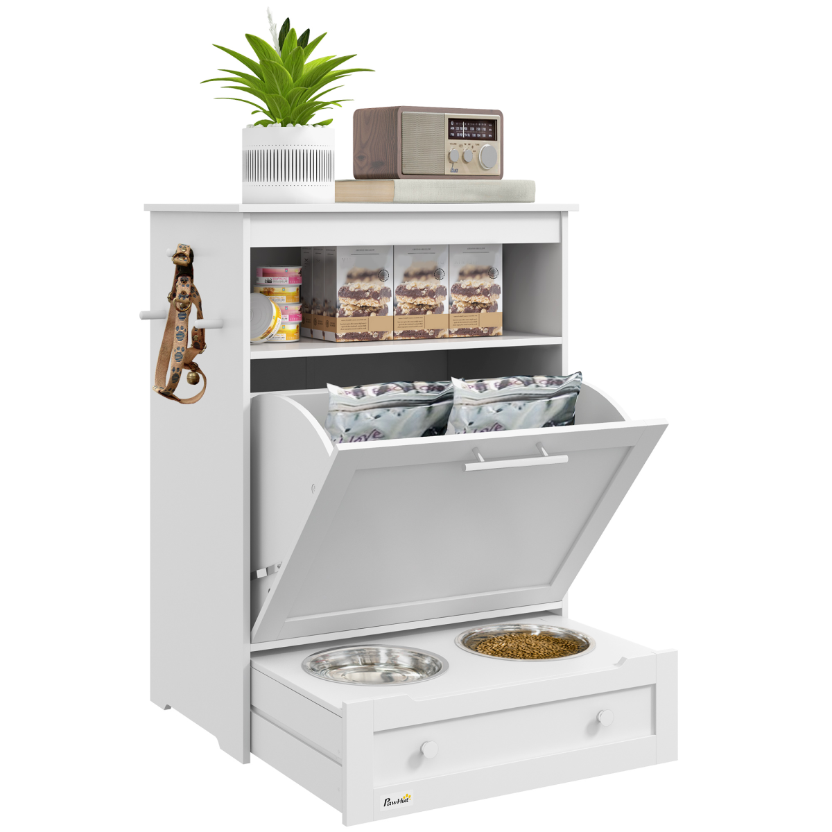 Pet Feeding Station with Storage Cabinet - White