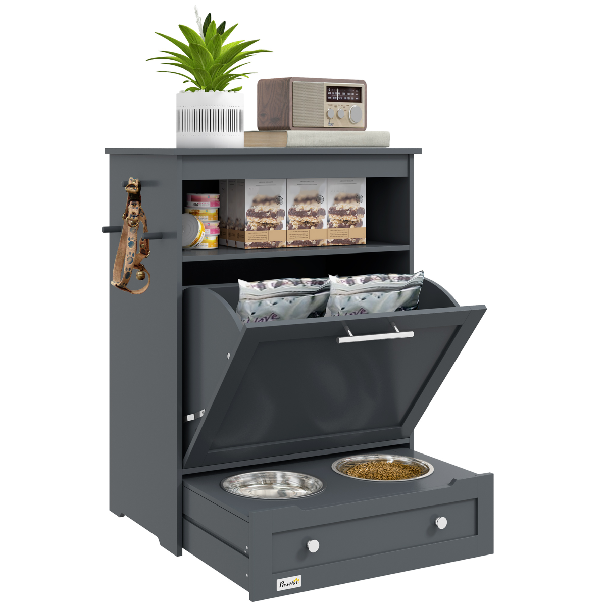 Pet Feeding Station with Storage Cabinet - Grey